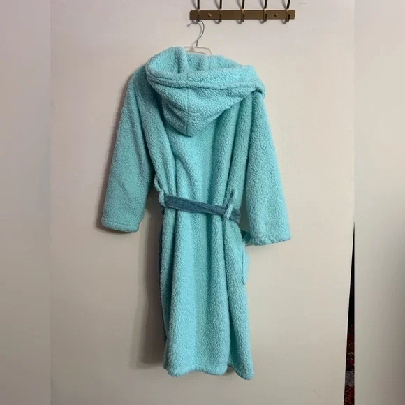 Pottery Barn Teen Cozy Sherpa Hooded Robe Turquoise Teal Women M/L - Picture 4 of 4